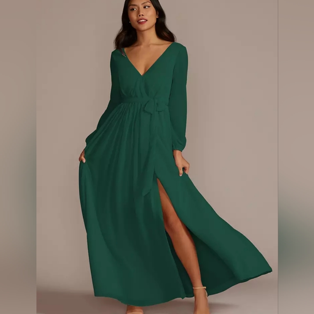 DB Studio Jade Green Long Sleeve Full Length Chiffon Dress With Pockets